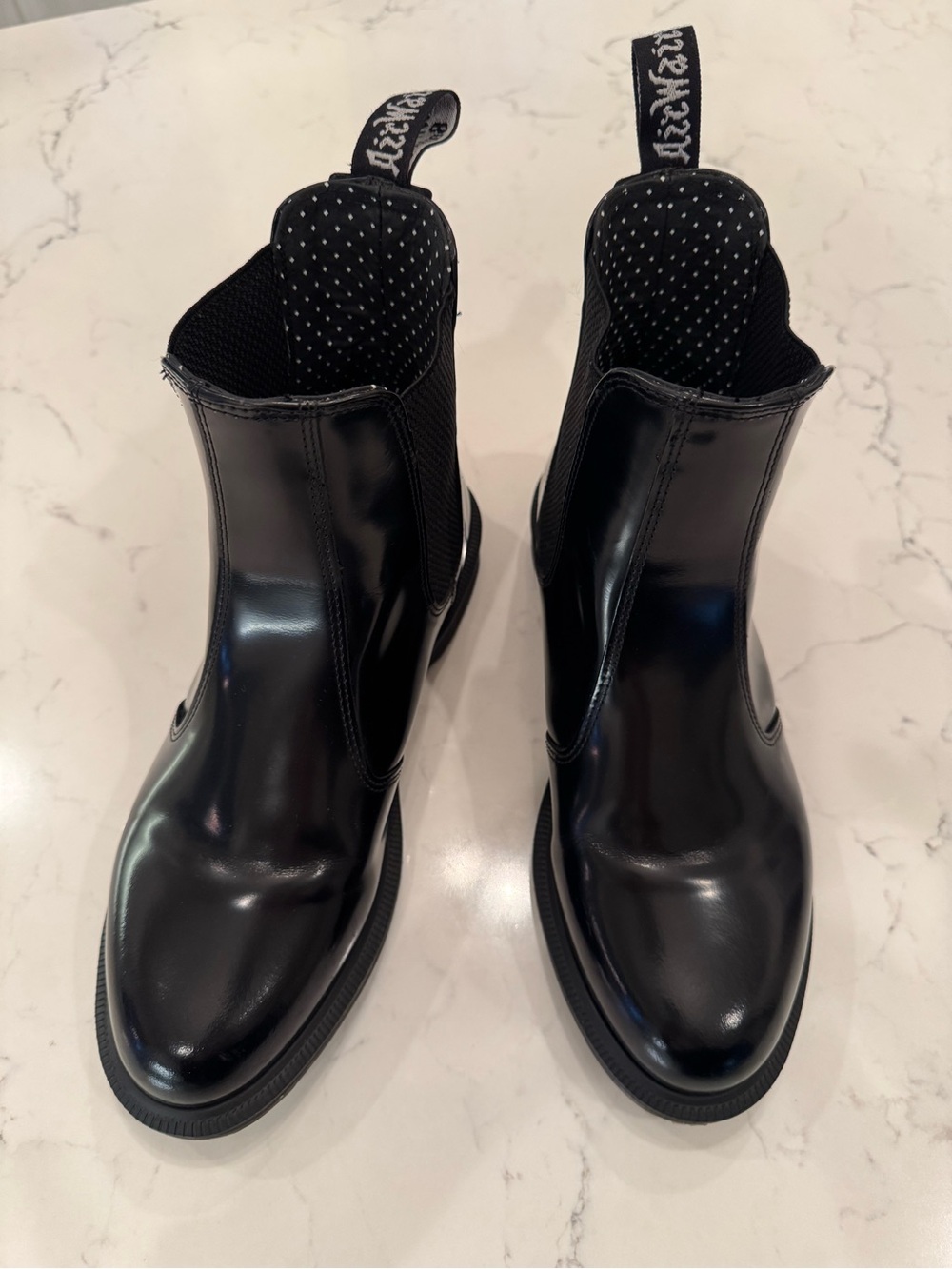 Dr. Martens Black Patent Chelsea Booties with Branded Pull Tabs